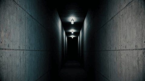 Narrow concrete corridor receding into darkness beneath dim ceiling lights