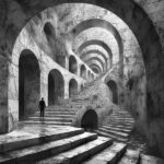 A lone figure enters a vast stone labyrinth of arches and stairs