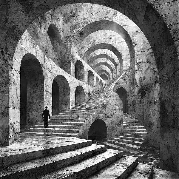 A lone figure enters a vast stone labyrinth of arches and stairs